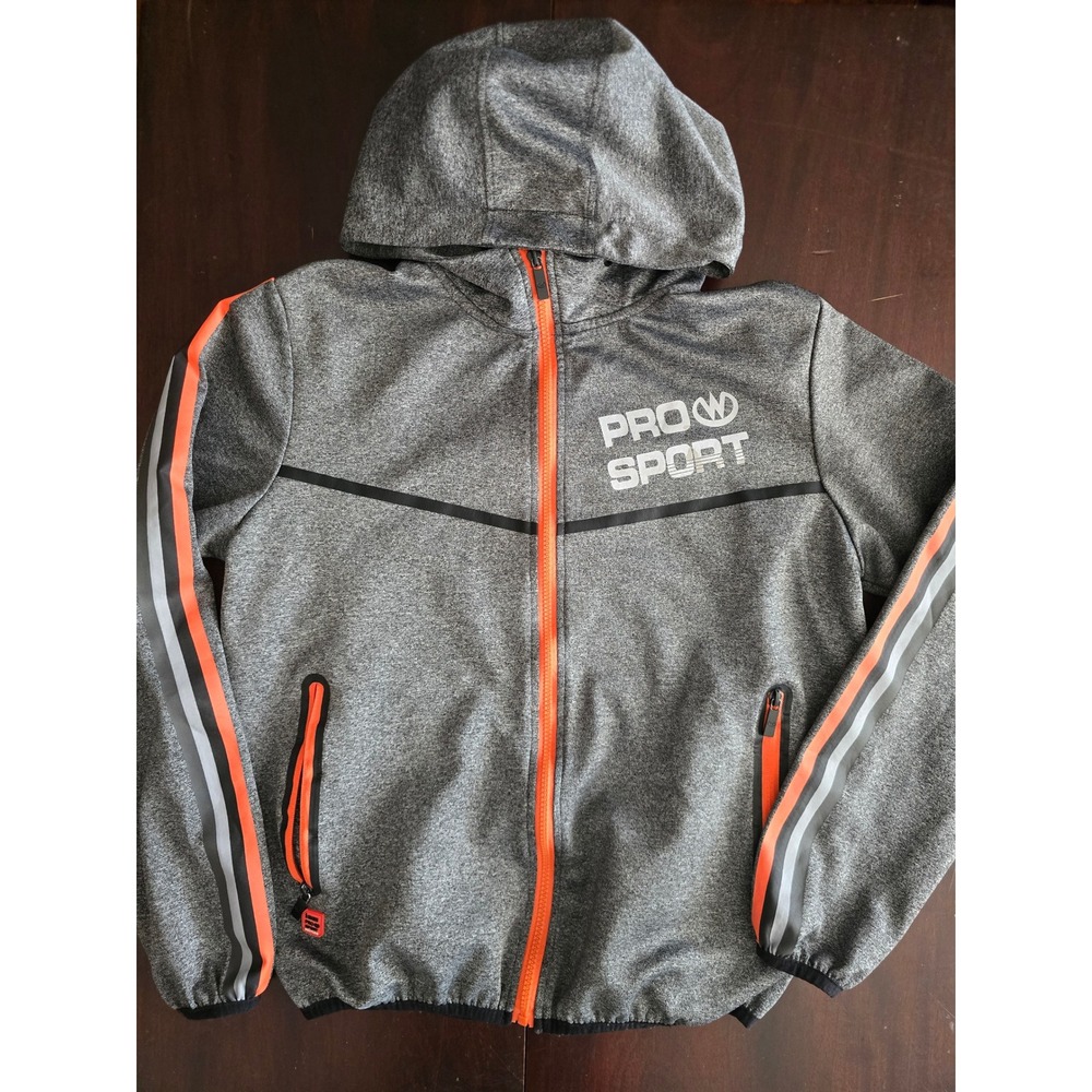 Pro Sport Mens Full Zip‎ Hoodie Gray Orange Reflective Athletic Track Jacket M